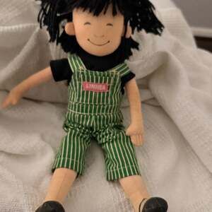 Linnea in Monets Garden Ragdoll Green Striped Overalls